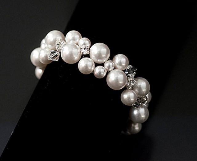 wedding photo - Swarovski Bridal Bracelet, Swarovski Pearls Swarovski Crystal Elements and Silver Ball Cluster Bracelet, Rhinestone Statement bracelet,