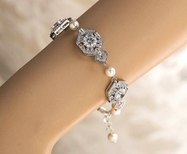 wedding photo - Bridal Swarovski Pearl Wedding Bracelet, Vintage Style statement wedding Bracelet, swarovski pearls and CZ crystal Bracelet Cuff