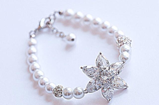 wedding photo - Bridal Swarovski Pearl crystal rhinestones statement Wedding Bracelet, Pearl and Rhinestone Bracelet.