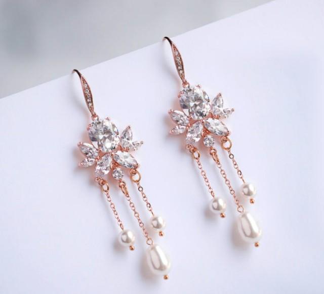 wedding photo - Bridal Earrings, Wedding Earrings, Rose Gold plated Swarovski Pearls Crystal Earrings, Vintage Style Earrings, Wedding Jewelry,