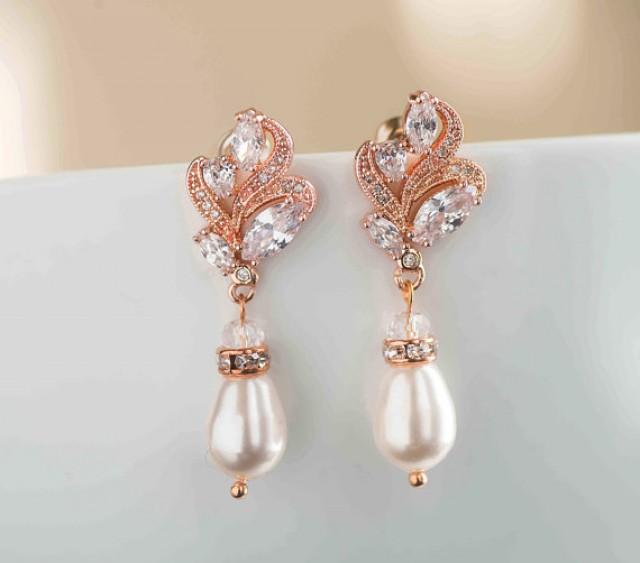 wedding photo - Statement Wedding Earrings, Bridal Dangle Earrings Rose Gold SET with cubic zirconia Crystal Bridal Jewelry