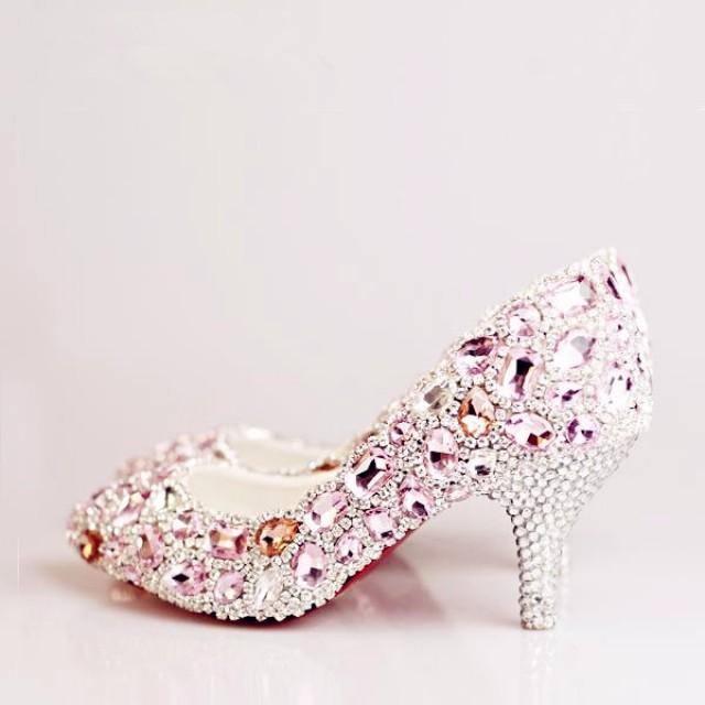 Enchanting Crystal Beak Closed Toe Mid Heel Pink Wedding Shoes