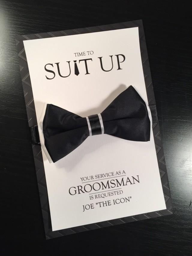 groomsman-card-time-to-suit-up-bow-tie-card-your-service-is-requested-best-man-groomsmen