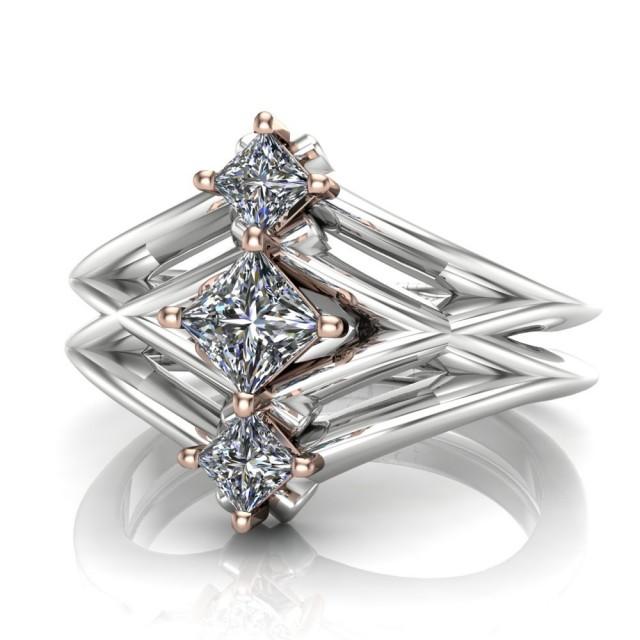 Princess Cut Diamond Engagement Ring, Geometric 3-Stone