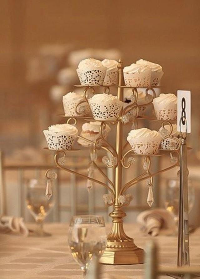 GOLD CUPCAKE CANDELABRA Centerpiece Stand Crystal Gold Distressed Cake Dessert Vintage Styler Wedding Tea Shabby Chic Rustic Gatsby Parisian