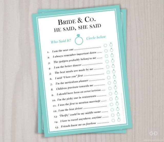 Bride & Co. He Said She Said Game, Bridal Shower Printable Game, Robin's Egg Blue, Wedding Shower Couples Shower, Bride And Co, Match Quote