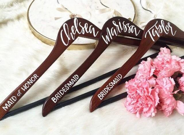 wedding photo - PERSONALIZED WEDDING HANGERS // Hand Lettered Calligraphy, Bridal Party Hangers, Bridesmaid Gift, Bridal Party Gift, Wedding Dress Hanger
