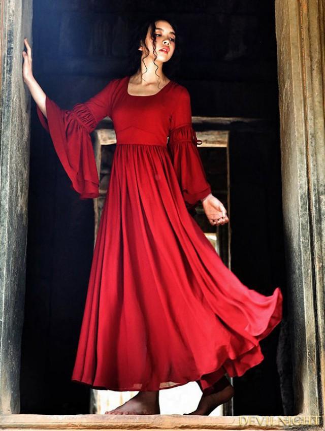 wedding photo - Summer Red Chiffon Trumpet Sleeves Medieval Inspired Dress