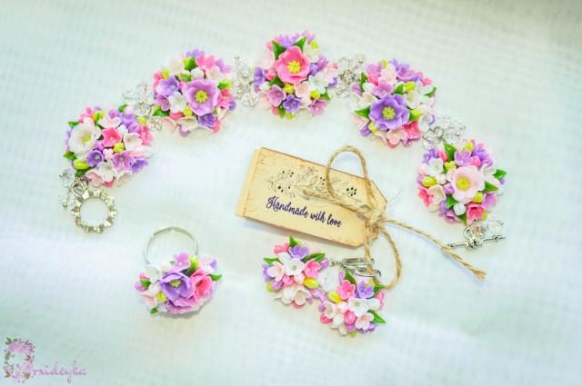 wedding photo - Girls jewelry, flower ring, flower earrings, flower jewelry, polymer clay, handmade, pendant, bracelet, pink, white, purple, lilac, gift for
