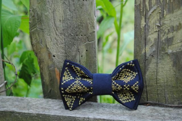 wedding photo - Embroidered navy blue bow tie With gold pattern Wedding in navy gold colours Groomsmen bow ties Nautical bowtie Boho Sparkle men's clothing