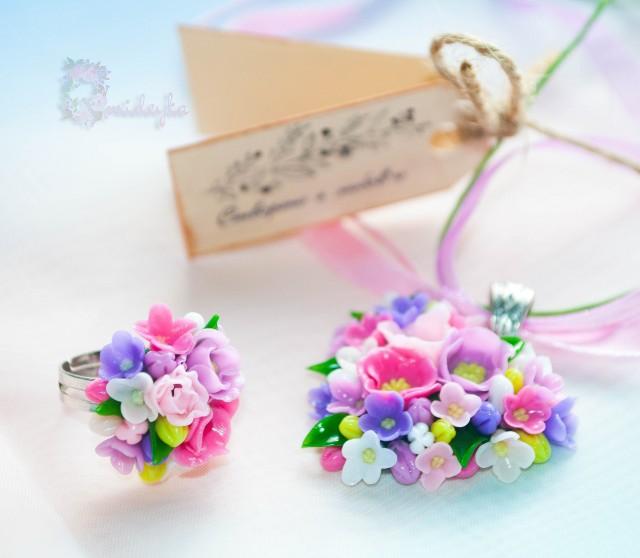 wedding photo - Girls pink purple jewelry, flower ring, flower pendant, flower jewelry, ring polymer clay, pink ring, pink pendant, lilac, handmade, gift