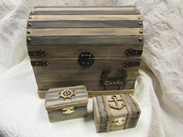 wedding photo - Original nautical wedding card box and 2 ring boxes stained with black stripes anchor wheel crab