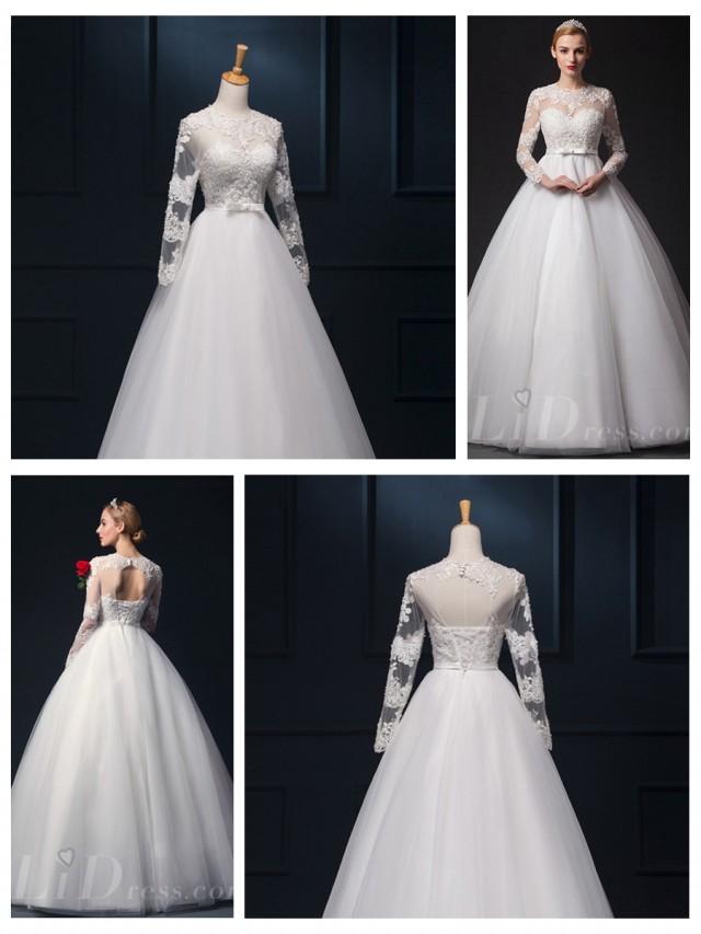 wedding photo - Illusion Lace Long Sleeves Ball Gown Wedding Dress
