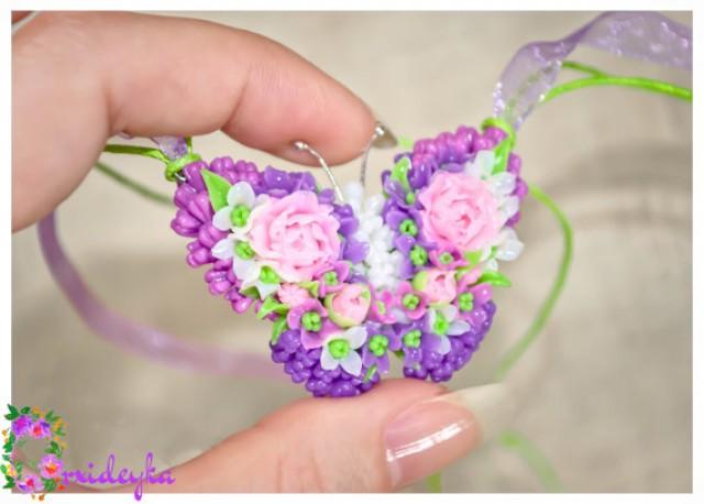 wedding photo - Pendant butterfly Polymer clay Handmade jewelry woman romantic Beautiful Summer Flower earrings gift Pink peony purple lilac set gentle