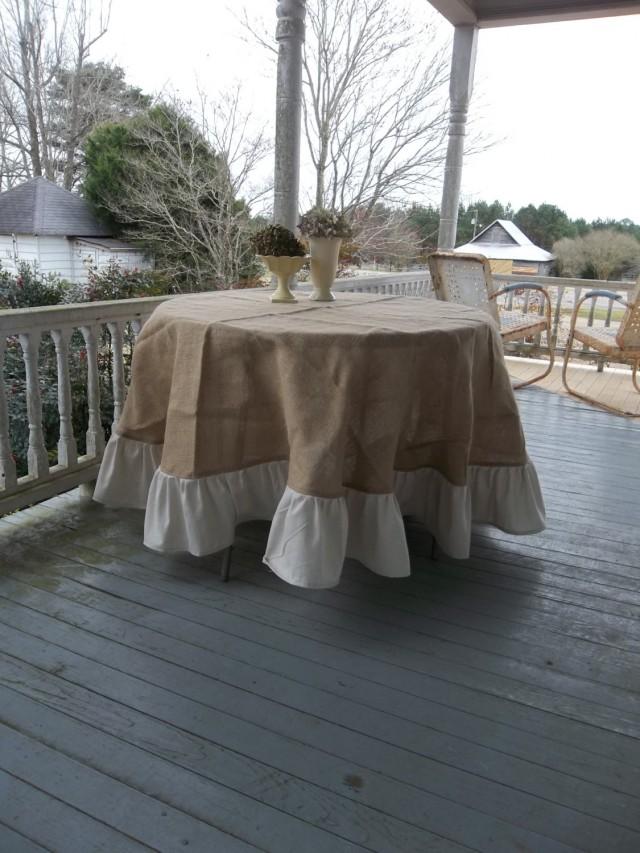 wedding photo - 90" Ruffled Burlap Tablecloth French Country Handmade Ruffed Tablecloth Round Floor Length Wedding Decor Table Settings