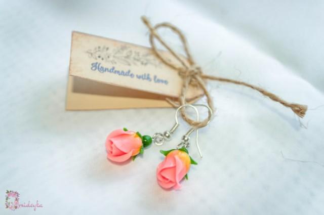 wedding photo - Rose earrings, iris bracelet, flower bracelet, polymer clay, purple bracelet, purple iris, gift, pink roses, wine lily, handmade jewelry