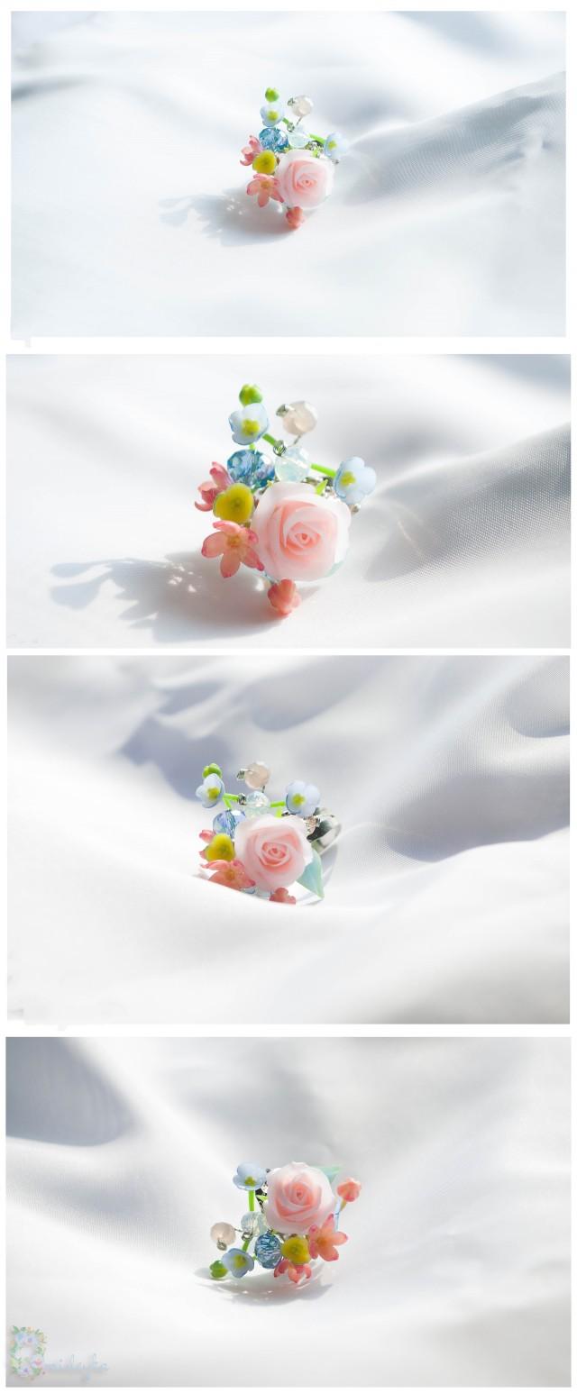 wedding photo - Rose ring, rose flower ring, delicate ring, light pink rose ring, blue forget me not, pink blue yellow flowers, polymer clay ring, handmade