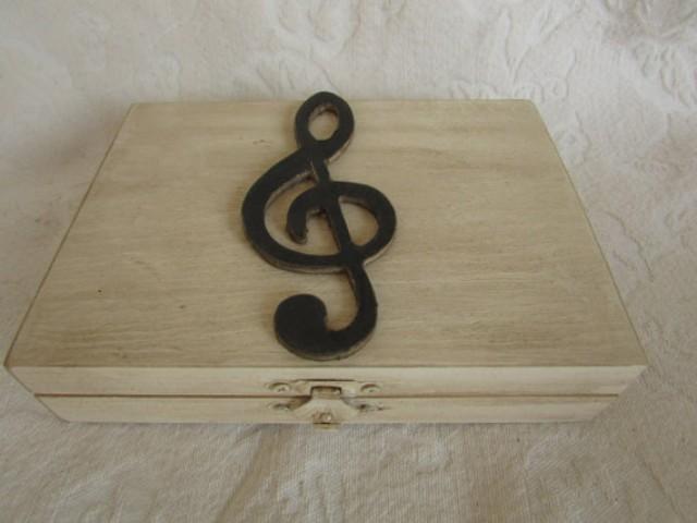wedding photo - Music Themed Rustic Ivory Stained Aged His Hers Divided Wedding Ring Bearers Box