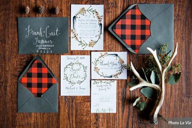 Woodsy Rustic Wedding Invitation Set, With Invitations & RSVP Cards, Hippie Chic Rustic Wedding, Flannel Plaid Paper Lined Envelopes