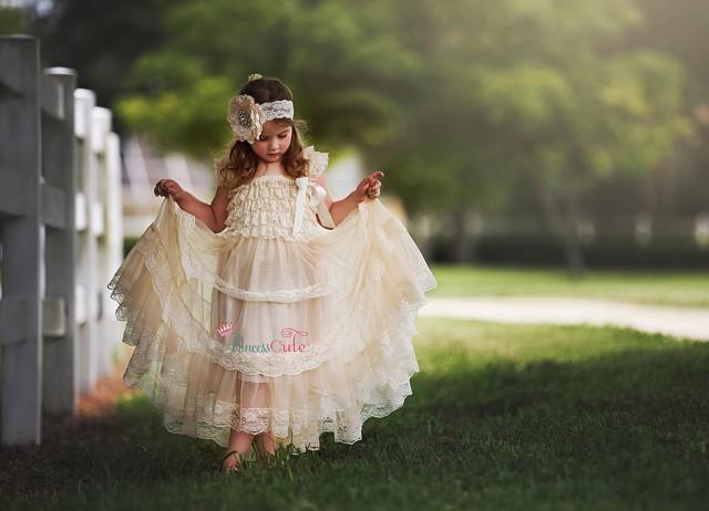 wedding photo - Champagne Lace Rustic Flower Girl Dress