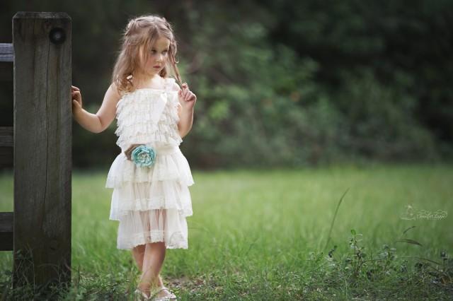 wedding photo - Ivory Lace Rustic Flower Girl Dress with Mint and Burlap Flowers Sash