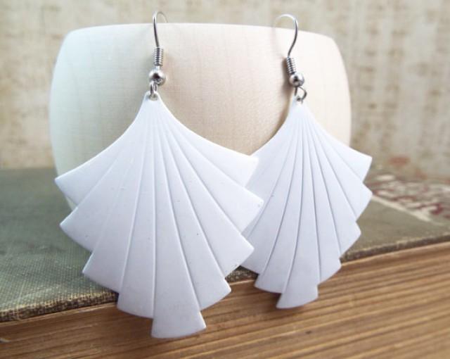 wedding photo - White Art Deco Fan Shield Earings - Enamel Geometric Earrings