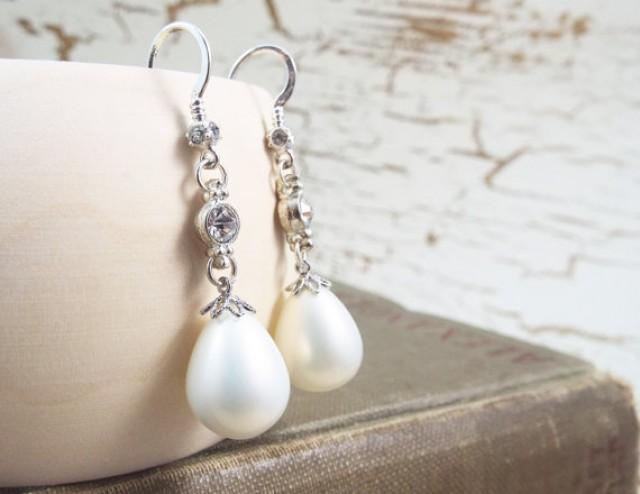 wedding photo - White Wedding Crystal Teardrop Pearl Earrings - June - Weddings by Split Personality Design