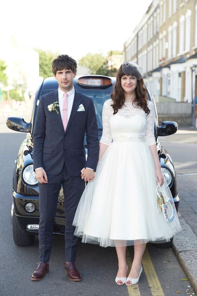 A 50's Inspired Tea-Length Dress For A Pastel Colour London Pub Wedding