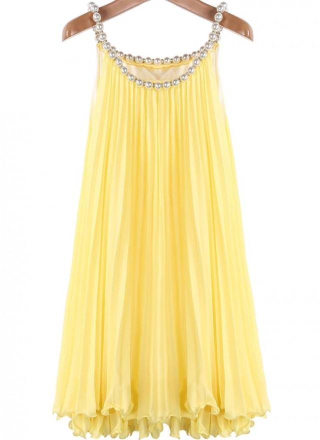 Yellow Bead Pleated Chiffon A Line Dress - Sheinside.com