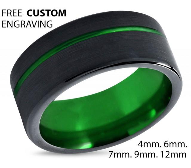 wedding photo - Tungsten Ring Mens Black Green Wedding Band Tungsten Ring Tungsten Carbide 9mm Tungsten Man Wedding Male Women Anniversary Matching