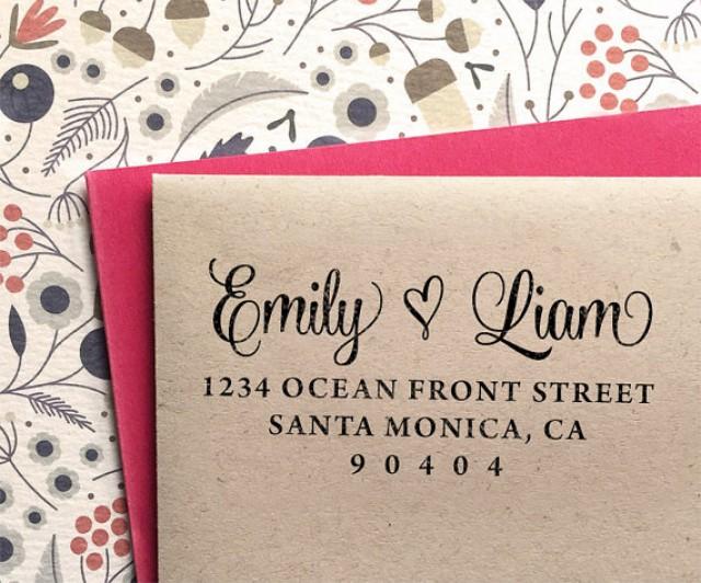 wedding photo - Custom Address Stamp with Calligraphy font and heart for weddings, holidays, housewarming gift, return address stamp, rubber stamp
