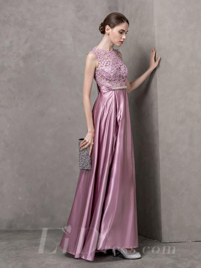 wedding photo - Lace Illusion Neckline Long Prom Dress with V-back