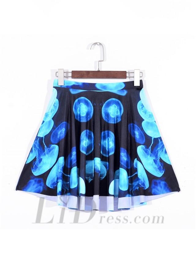 wedding photo - Hot Ladies Fashion Digital Printing Blue Jellyfish Pleated Skirts Skt1092