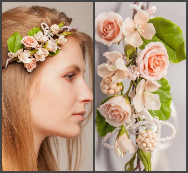 wedding photo - Peach Rose Bridal Flower Crown, Wedding Hair Wreath
