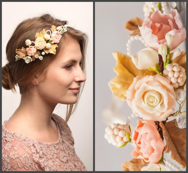 wedding photo - Bridal Flower Crown, Floral Hair Wreath, Bridal Bands, Rustic Wedding Tiara, Floral Halo, Wedding Halo, Ivory Cream Flower Crown