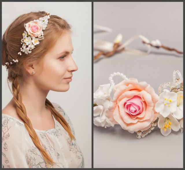 wedding photo - Pink Rose Bridal Flower Crown, Wedding Hair Wreath, White Flower Hair Accessories, Bridal Halo, Wedding Crown
