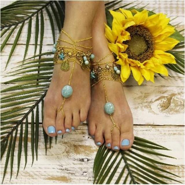 wedding photo - INDIAN SUMMER boho barefoot sandals - gold turquoise