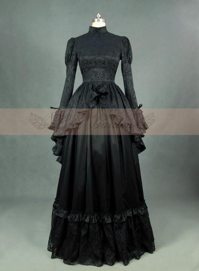 wedding photo - Black Satin Long Sleeves Gothic Victorian Dress