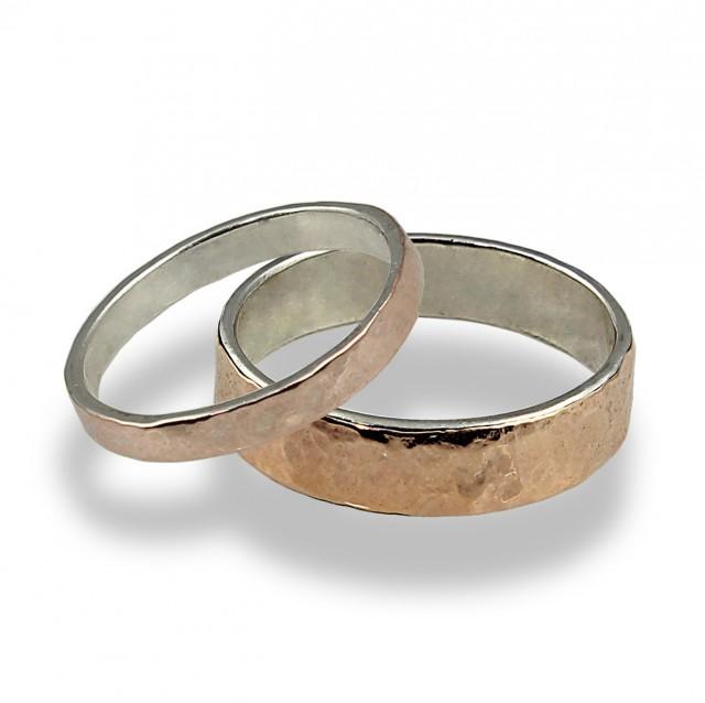 wedding photo - Hammered Wedding Band Set , Rose Gold Wedding Band , Unique and Matching Wedding Rings , his and hers promise rings , wedding jewelry set