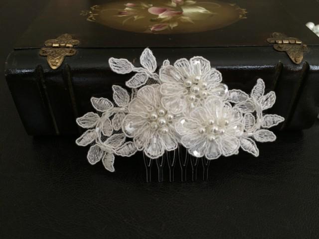 wedding photo - Bridal Hair Accessories, Wedding Head Piece, Ivory Beaded Lace, Pearl