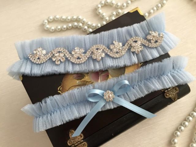 wedding photo - wedding garter set, blue tulle bridal garter set, blue bow, rhinestone