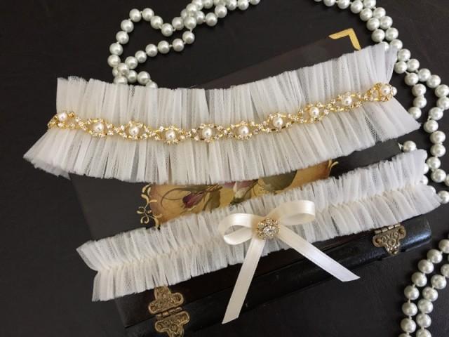 wedding photo - wedding garter set, tulle bridal garter set, bow, pearl/rhinestone, gold, silver