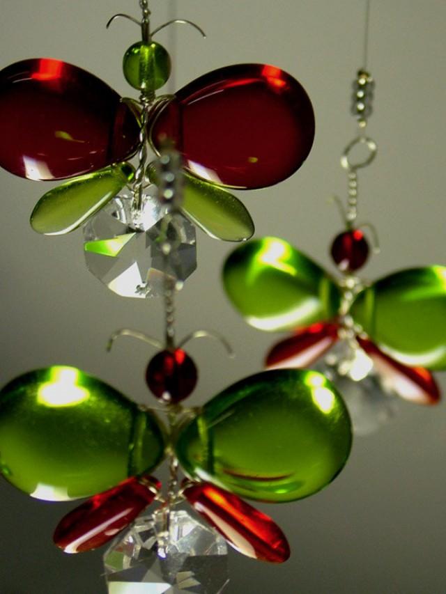 Xmas Decor Crystal Suncatcher Glass Mobile Red Butterfly Mobile Hanging