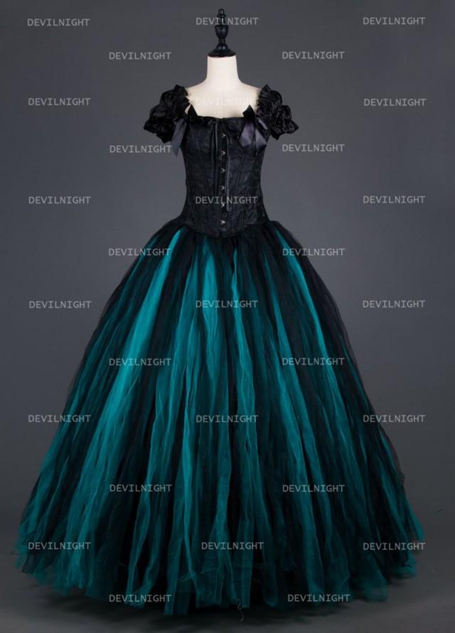 wedding photo - Black and Tiffany Blue Vintage Gothic Corset Long Prom Party Dress