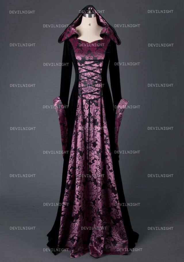 wedding photo - Black and Purple Velvet Vintage Medieval Hooded Dress