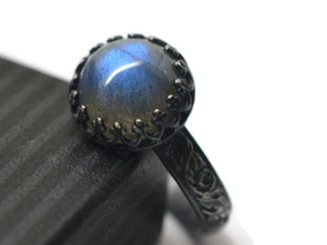 wedding photo - 10mm Labradorite Ring, Gothic Engagement Ring, Floral Band, Oxidized Silver Ring, Blackened Silver Statement RIng
