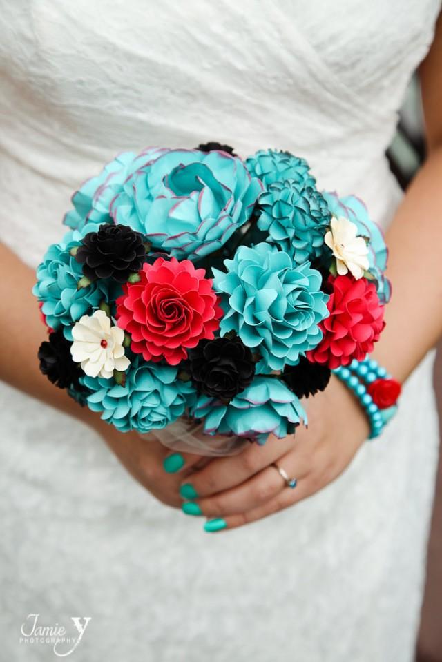 FEATURE ON Offbeat Bride - Teal, Red and Black Rock and Roll Inspired Handmade Paper Flower Wedding Bouquet - Custom Colors