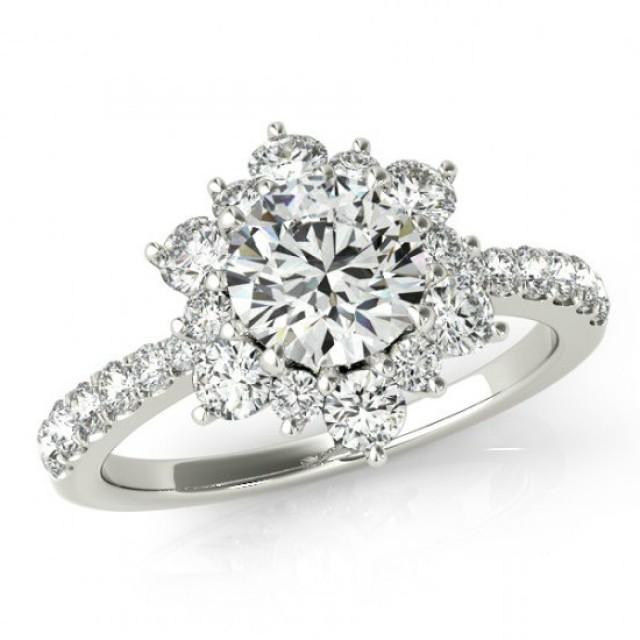 wedding photo - GIA Certified 0.50 carat Diamond Flower Engagement Ring - Diamond Engagement Rings for Women - Diamond Flower Lotus Halo Rings - 1 Carat TW