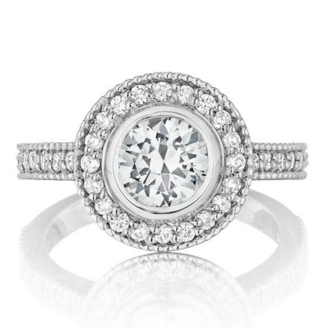 wedding photo - 1 carat Forever One Round Bezel Moissanite Diamond Halo Vintage Milgrain Engagement Rings, WeddingBee, TheKnot, Wedding Sets, Bridal Jewelry
