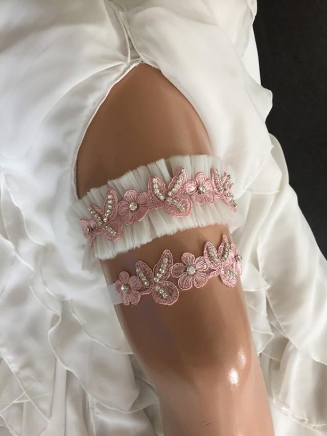 wedding photo - wedding garter set, tulle/ lace bridal garter set, blush pink lace, rhinestone